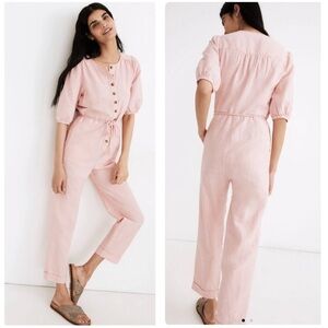 Madewell Linen Blend Puff Sleeve Light Pink Button-Front Jumpsuit Medium NWT